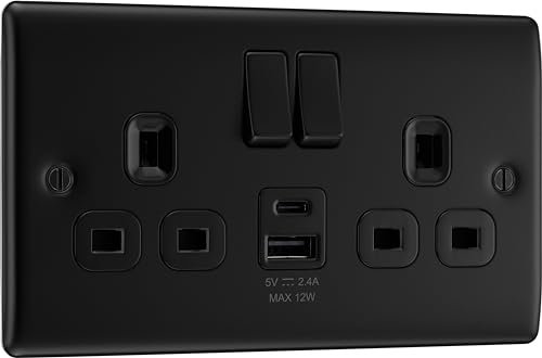 BG Electrical 12W Double Switched Power Wall Plug Socket with Type A and Type C USB Charging Ports, Nexus Metal, Matt Black, 13A, NFB22UAC12B