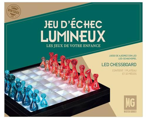MISTER GADGET, MG3543, Jeu d'Échecs Transparent LED, Échiquier Lumineux, Pièces Noires, Bleues et Blanches, Design Moderne et Élégant pour Joueurs Passionnés