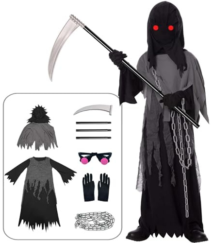 Tosekry Costume Halloween Bambino, Vestito con Falce, Occhiali Luminosi e Catene (8-10 Anni)