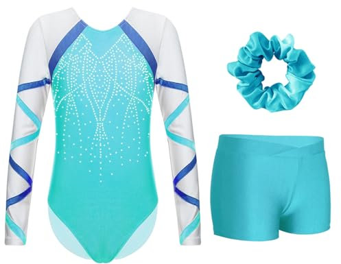 Miutii Mädchen Turnanzug Langarm Glitzer Gymnastikanzug mit kurze Hose und Haargummi Ballettanzug Gymnastik Leotard Tanzkostüm Blau Grün 158-164