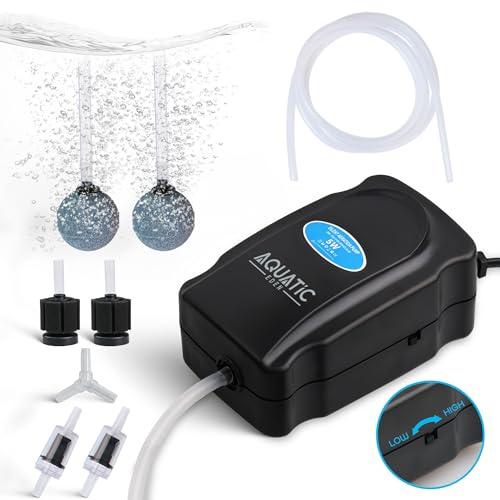 Quiet Aquarium Air Pump - Single Outlet with Adjustable Valve - Includes 2 Air Stones, Sponge Filters, Check Valves & Accessories - Fish Tank Air Pump for Small to Medium Aquariums (10-50 Gallons)