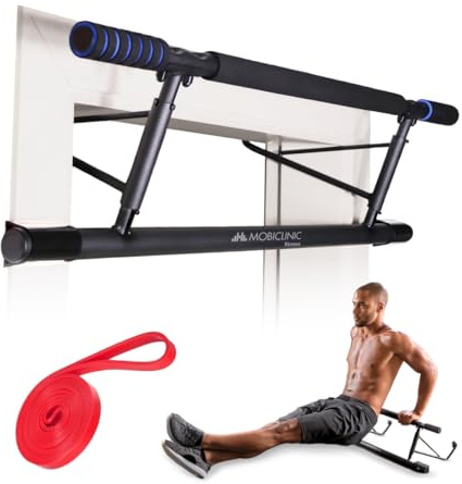 Mobiclinic®, Barra per trazioni sospese, Senza attrezzi, K5, Max. 200 kg, Con maniglie elastiche e antiscivolo in schiuma, Regolabile da 70 a 92 cm, Esercizio domestico, Facile riporre