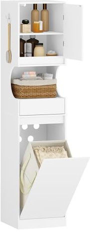 Hzuaneri Mueble Columna de Baño, Mueble Ropa Sucia con 1 Cesto para Ropa, Columna de Baño Mueble de Baños, Apto para baños, lavadero, Sala de Estar, 40 x 40 x 174 cm, Blanco BC43013X