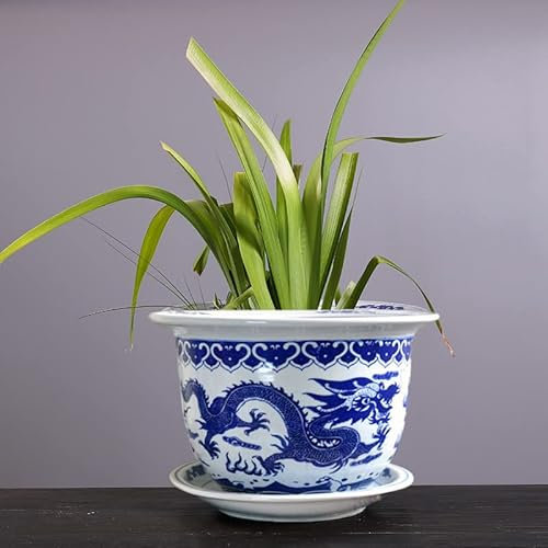 Pot de fleurs chinois en céramique bleu et blanc – Motif dragon dessiné à la main 24 cm pour intérieur/extérieur – Pot de fleurs pour chlorophytum – Décoration d'intérieur antique – Récipient floral