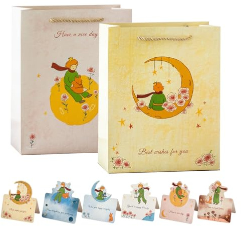 KEQAR 2 sacchetti regalo + 6 biglietti d'auguri Set regalo in cartoncino premium con motivo di rose e principi - Idee regalo di compleanno