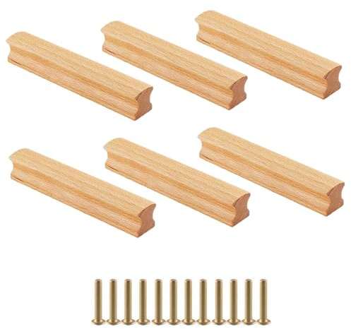 Tirador Madera, 6 Piezas Tiradores de Madera para Armario con 12 Tornillos, Tiradores para Cajones, Distancia Entre Agujeros 96 mm, para Cómodas, Aparadores