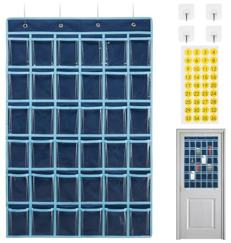 Tableau à Poches Murales 36 Compartiments Transparente pour Téléphones et Calculatrices, Organiseur Suspendu Durable avec Crochets et Numéros Autocollants pour Classe et Bureau