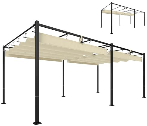 Outsunny Pérgola de Jardín 6x3 m con Techo Retráctil, Cenador de Jardín con Protección UPF50+, Drenaje, Estructura Metálica, Pabellón para Patio, Terraza, Exterior, Blanco Crema