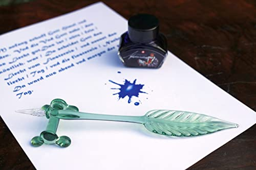 Original Lauscha Glaskunst Glasfedergeschenkset M. Luther mit Tintenfaß und Ablage aus Original Waldglas in Grün