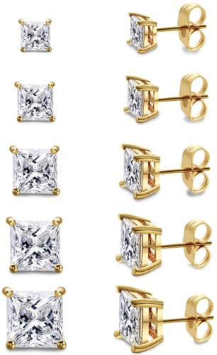 Gemsme 5 Pairs Princess Cut Cubic Zirconia Stud Earrings for Women/Men - Flat Back 18K Gold Plated Hypoallergenic 3-7mm Square Clear CZ Earring Set - Gold