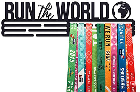 United Medals RUN THE WORLD Medaillenhalter Running Laufen für 48 Medaillen Aufbewahrung - Läufer Geschenk Marathon Zubehör - Medal Holder Hanger Display Rack - Schwarz