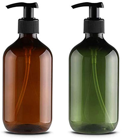 2 Pièces Distributeur de Savon 500 ML, Flacons Vides à Pompe à Pression Vide en Plastique, Rechargeable pour huiles essentielles, lotions, shampooing, après-shampoing(Marron&Vert)
