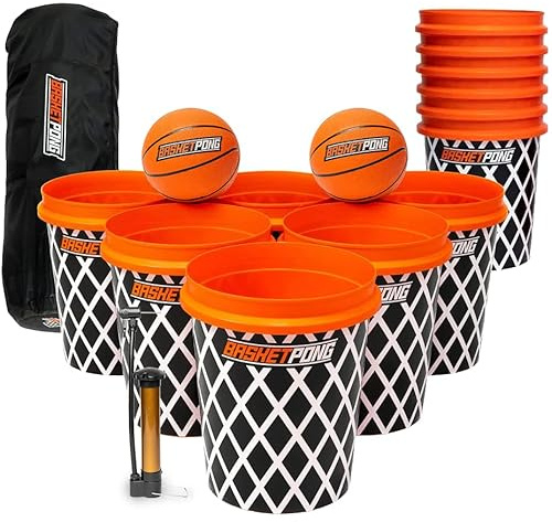 BasketPong Giant Yard Pong and Basketball Game with 12 Buckets, 2 Balls, Carrying Bag, and Air Pump – Outdoor Game for Lawn, Backyard, Beach, and Parties