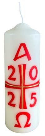 Wiedemann Osterkerze 15 x 5 cm mit Jahreszahl 2025 Kreuz, Alpha-Omega