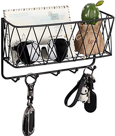 OROPY Key Holder for Wall, Letter Holder with 5 Hooks, 30×13.5×7cm, Sturdy Matte Black Metal Wire Mesh Basket, Wall Mounted Key Hooks for Entryway, Mudroom, Hallway, Bedroom