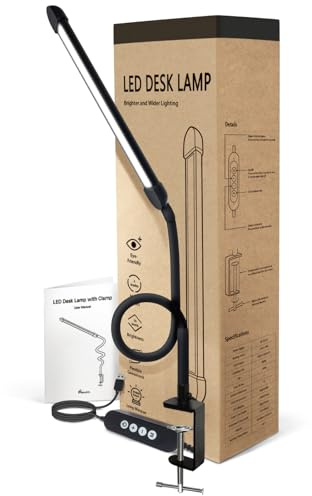 Phimuezl LED Desk Lamp with Clamp, Clamp Light with Adjustable Color Modes, Clip on Light with Long Flexible Gooseneck, Eye Care Lamp Clamp for Study, Work, Home, Office, Black, Metal, 12W