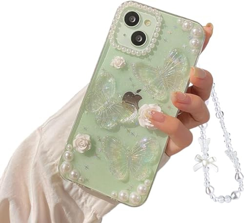 Fycyko Kompatibel med iPhone 15 3D-fjäril blommig klar med design estetiska kvinnor tonårstjejer glitter vacker kristall gnistrande glittrande söt flickaktigt telefonfodral skyddande fodral +