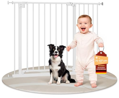 WOLTU Barrière de Sécurité, Barrière d'Escalier et de Porte pour Enfant, Chien, Chat, avec 1 rallonge de 20 cm, pour Passage de 75-107cm de Large, Double Loquet, Fermeture Automatique, Métal, Blanc