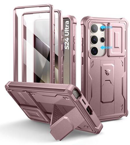 Dexnor pour Coque Samsung Galaxy S24 Ultra【Double Cadre Avant et Support】 avec CaméRa Coulissante Intégrée & Protecteur d'écran, Coque de Protection Robuste Résistante Aux Chocs - Poudre Pivoine