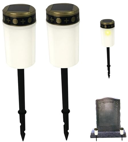 Obelunrp Solar Cemetery Lights for Grave, 2pcs 14inch LED Flameless Memorial Lights, Waterproof Stake Light for Grave Decorations Memorial Gifts(White)