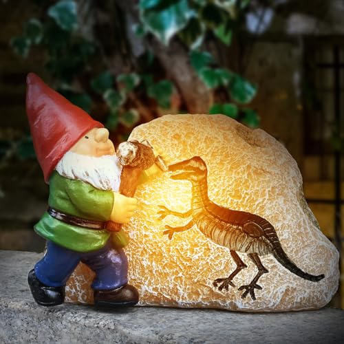 Yiosax Garden Gnome Statues-Solar Gnomes Statues-Outdoor Gnome Figurine Decor Dinosaur Resin Decoration for Patio Yard Lawn Ornament Gnomes Gift for Woman 5.5 Inches