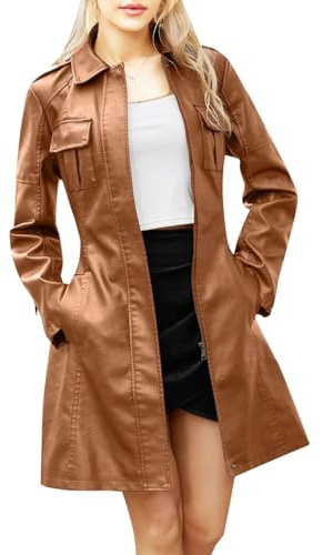 Giacca a vento midi in pelle da donna trench/cappotto da donna nero classico, media lunghezza, in vera pelle Donne in pelle Trench Coat Giacca monopetto Marrone Cappotto lungo in ecopelle