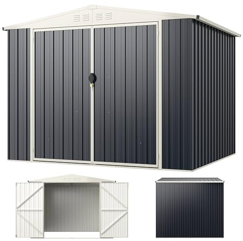 TANGZON 8 x 6ft Metal Garden Shed, Galvanized Steel Outdoor Tool Storage House with Lockable Door, Pitched Roof, 4 Vents & All-Weather Design, Utility Log Store Gardening Shed for Patio Lawn Yard
