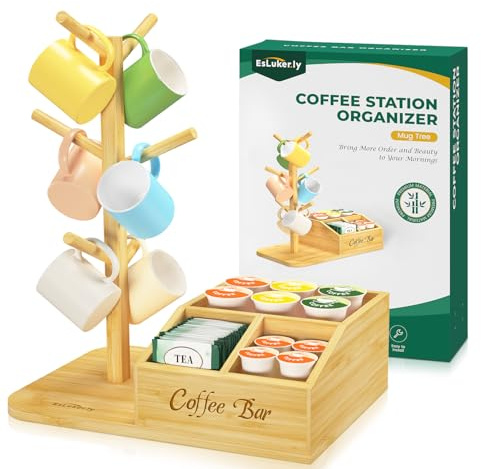 EsLuker.ly Mug Tree Coffee Mug Holder Stand, Countertop Bamboo Coffee Cup Organizer Rack for Kitchen Office, Space-Saving Wood Coffee Station Bar Organizer with 6 Hooks, Modern Design Enhances Decor