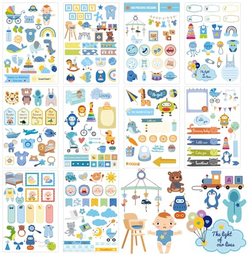 Tinoaly 10 Hojas Pegatinas Álbumes Recortes Bebé, Varios Diseños Calcomanías Niños Pequeños Adorables, Suministros Álbumes Recortes para Baby Shower Planificador Embarazo y Diario del Primer Año