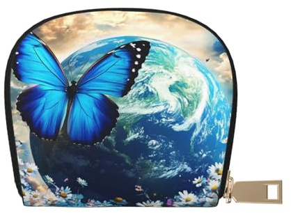 SHFJASBNUMG Earth Surrounded by Flowers and Butterfly Leather Bag Earth Wallet Butterfly Card Pack New Parents - Pediatrician and Pharmacy Cards 9X11CM