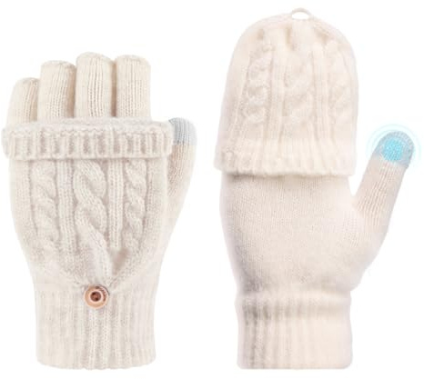 DOINEUFL Mitaines thermiques pour femme avec moufles convertibles et pouce pour écran tactile, gants d'hiver chauds en tricot torsadé – Mitaines douces pour femme pour temps froid