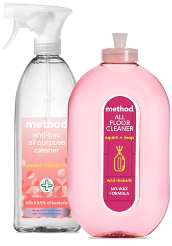 Method Floor Cleaner, Wild Rhubarb, 1x739 ml + Method Antibacterial Spray, All Purpose Cleaner, Peach Blossom, 1x828 ml