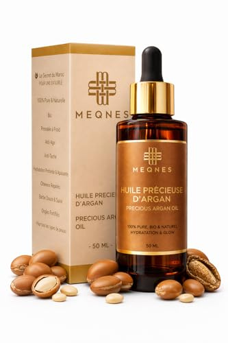 Huile d'Argan Bio Pure – 100% Naturelle Pressée à Froid au Maroc – Visage, Cheveux & Ongles – Anti-Rides, Éclat & Hydratation – Flacon Verre Ambré 50ml – MEQNES