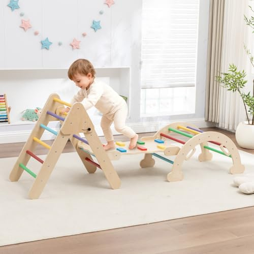 GALACTICA Wooden Kids Climbing Frame Montessori Pikler Triangle with Ramp & Arch, Indoor Climber Ladder Jungle Gym Toys for Kids, Adjustable Foldable Climbing Set with Colorful Rungs