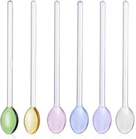 ELEOUTI 6 Cucharas de Vidrio Mango Largo para Miel y Bebidas, Fáciles de Limpiar, Ideales para Cocina y Repostería, Colección Colorida y Elegante Estilo Aleatorio