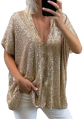Blusa Donna Elegante con Paillettes Cerimonia Tops Seta Maniche Lunghe Maglietta con Glitter Sexy Maglietta Taglie Forti Girocollo Camicia Curvy Brillantini Blusa Natale Glitter Oro Tops Sera Maglia