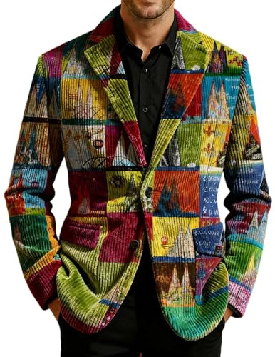 Veste en velours côtelé pour homme - Veste rouge et blanche rayée et décorée de clown - Veste rétro en velours côtelé - Veste de loisirs - Coupe ajustée - Pour carnaval, fête, carnaval de rue, fête à