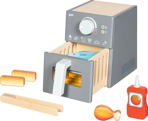 goki 51430 – Friggitrice ad aria calda giocattolo in legno, set da 16 pezzi con pinza in legno, carne, pesce, bacchette di pesce, patatine fritte, ketchup – accessori per mansshop e cucina giochi