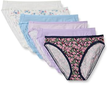 Amazon Essentials Slip Bikini a Taglio Alto in Cotone Elasticizzato Donna, Confezione da 6, Fiori Selvatici/Mini Righe/Motivo Floreale Piccolo, 52