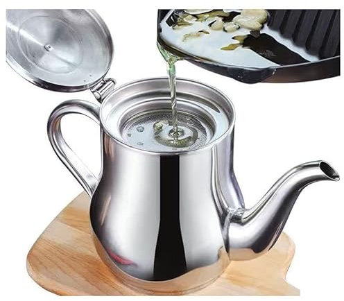 ZZDXW Stainless Steel Oil Skimmer Strainer Jug, Gravy Oil Soup Fat Separator Pot，Grease Container with Filter，Oil Strainer Pot Grease Can 1L，Bacon Grease Container with Strainer for Ground Beef