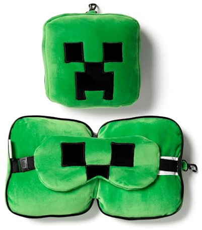 Puckator Relaxeazzz Minecraft Creeper Plüsch Reisekissen & Augenmaske Kopfstütze, Schlafkissen, Nackenkissen, Reisekopfkissen, Schlafmaske, Kinder & Erwachsene für Reise Auto, Zug Flugzeug Accessoire