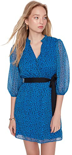 Trendyol Robe tissée à col Polo avec Ourlet à Volants pour Femme, Bleu Marine, 38