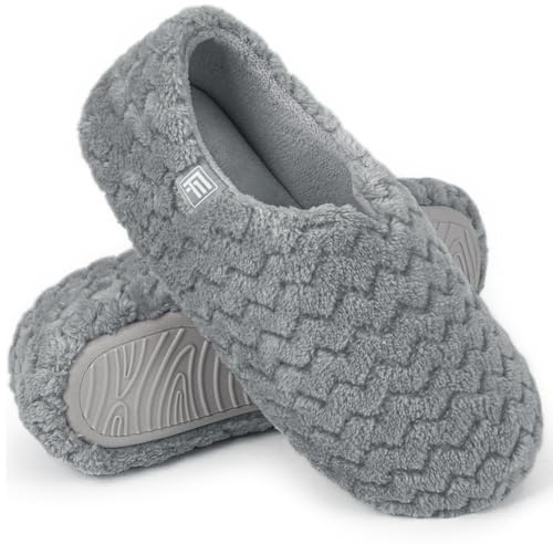 FamilyFairy Women's Memory Foam Slippers Soft Sherpa Lining Lightweight House Shoes Grey, UK4.5-5.5