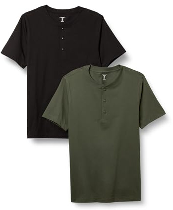 Amazon Essentials Men's Short-Sleeve Cotton Henley T-Shirt, Pack of 2, Black/Olive, Large