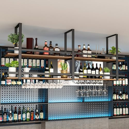 Soporte Para Copa de Vino Colgante Botellero - Botellero de Techo con Portabotellas, Soporte de Botella de vino Colgante Industrial de 2 Capas, Para Cocina de Bar Cafetería (140×30×80cm, negro)