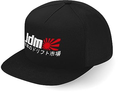 Lauthings JDM Kanji Rising Sun Drift Fullcap Art Flat Bill Snapback Cap, Nero , Etichettalia unica