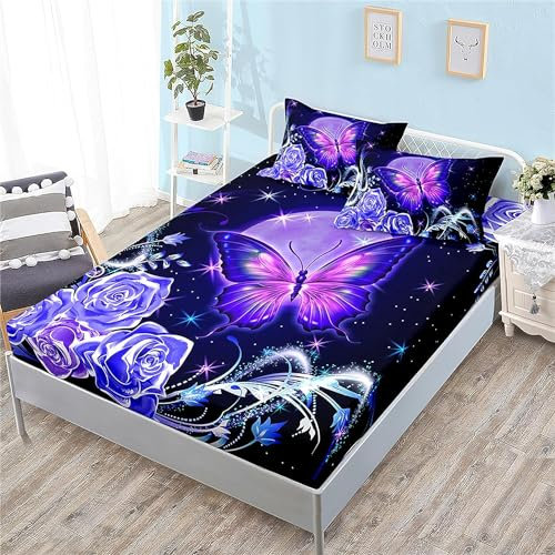 Schmetterling Spannbettlaken 90x200 cm, Weiches Mikrofaser Bettlaken Spannbetttuch für Kinder Erwachsene, Lila Bettlaken - Tiefe Tasche 30 cm Mit 1 Kissenbezügen 80x80 cm