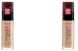 L'Oréal Paris Infallible 32H Fresh Wear Foundation, Full-coverage, Longwear, Weightless Smooth Finish, Water-proof and Transfer-proof, with Vitamin C + SPF 25, 125 Natural Beige (Pack of 2)