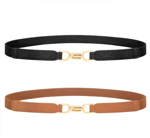 XZQTIVE Thin Elastic Belts for Women Black Skinny Stretch Waist Belts for Women Dresses Leather Adjustable Belt Set of 2(90CM, Black+Brown)