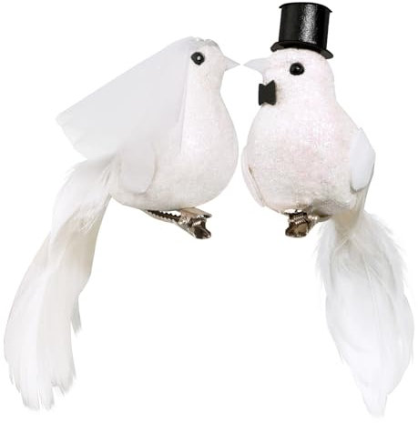 BETESSIN Taubenpaar Hochzeit Deko Hochzeitstaubenpaar mit Clip 2X Künstliche Taube Klein Hochzeitsdeko Künstliche Vögel Deko Figuren Weiß Gastgeschenke Dekoration 9/10cm
